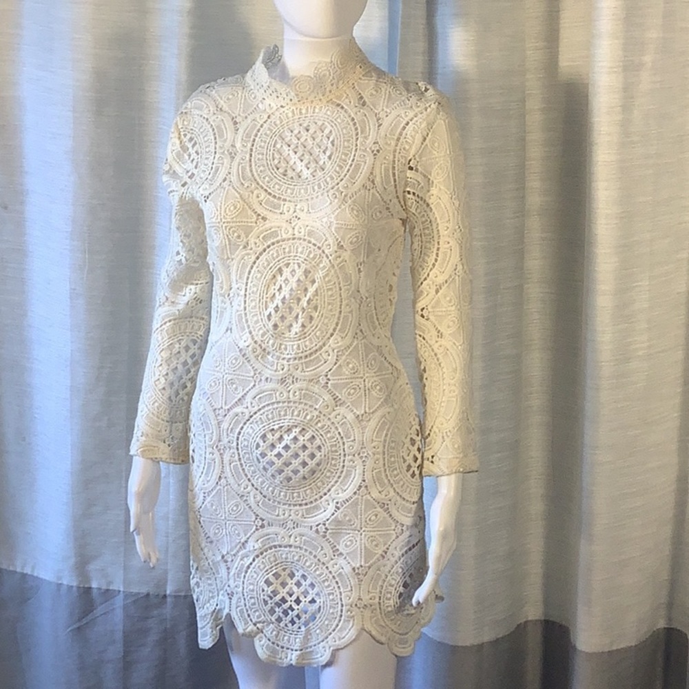 OASAP NWT Ivory Crochet Lace High Neck Semi Sheer Long Sleeve Mini Dress Sz M